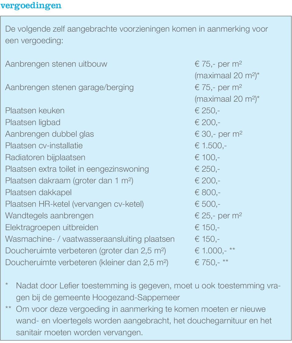 500,- Radiatoren bijplaatsen 100,- Plaatsen extra toilet in eengezinswoning 250,- Plaatsen dakraam (groter dan 1 m²) 200,- Plaatsen dakkapel 800,- Plaatsen HR-ketel (vervangen cv-ketel) 500,-