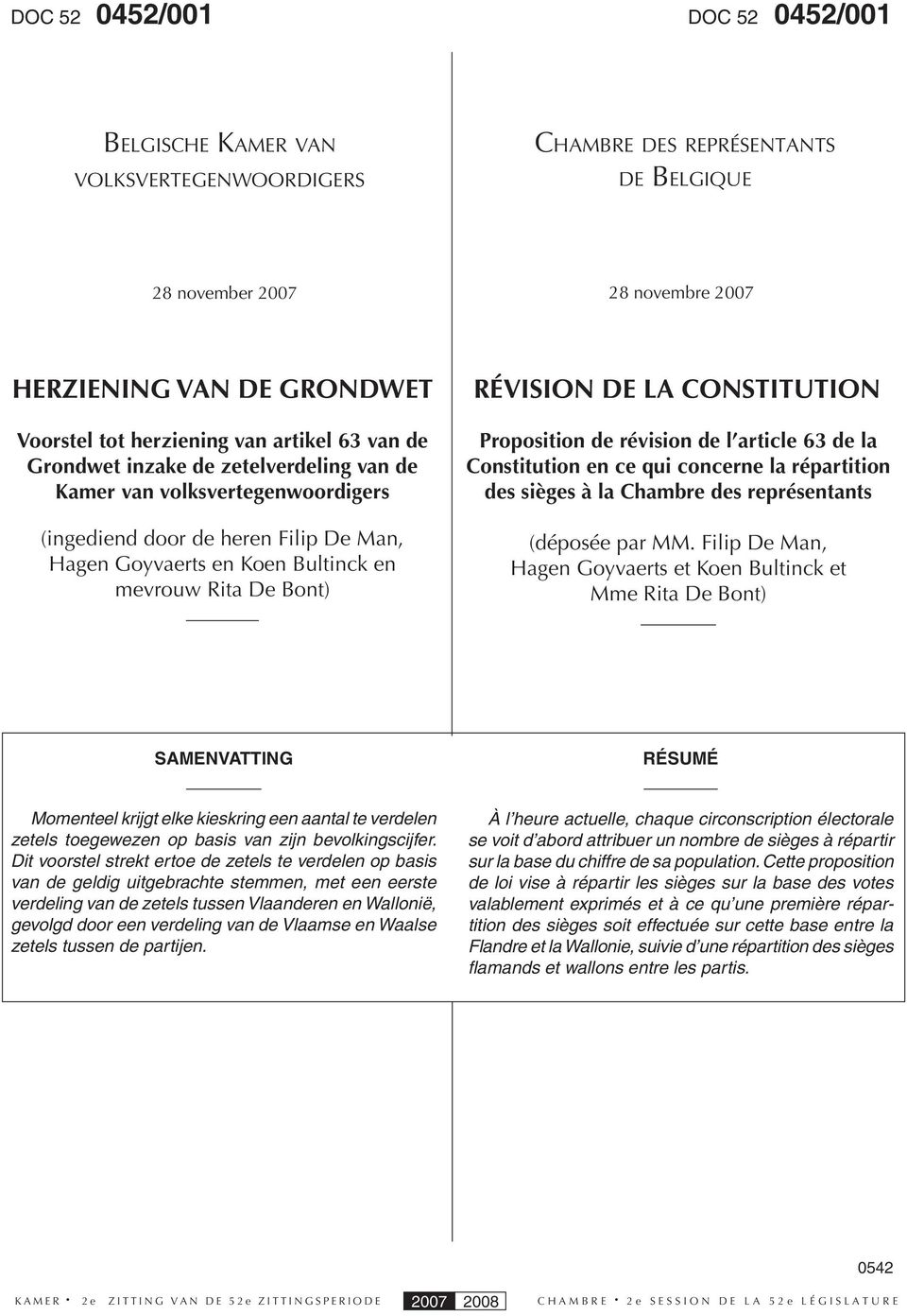 Proposition de révision de l article 63 de la Constitution en ce qui concerne la répartition des sièges à la Chambre des représentants (déposée par MM.