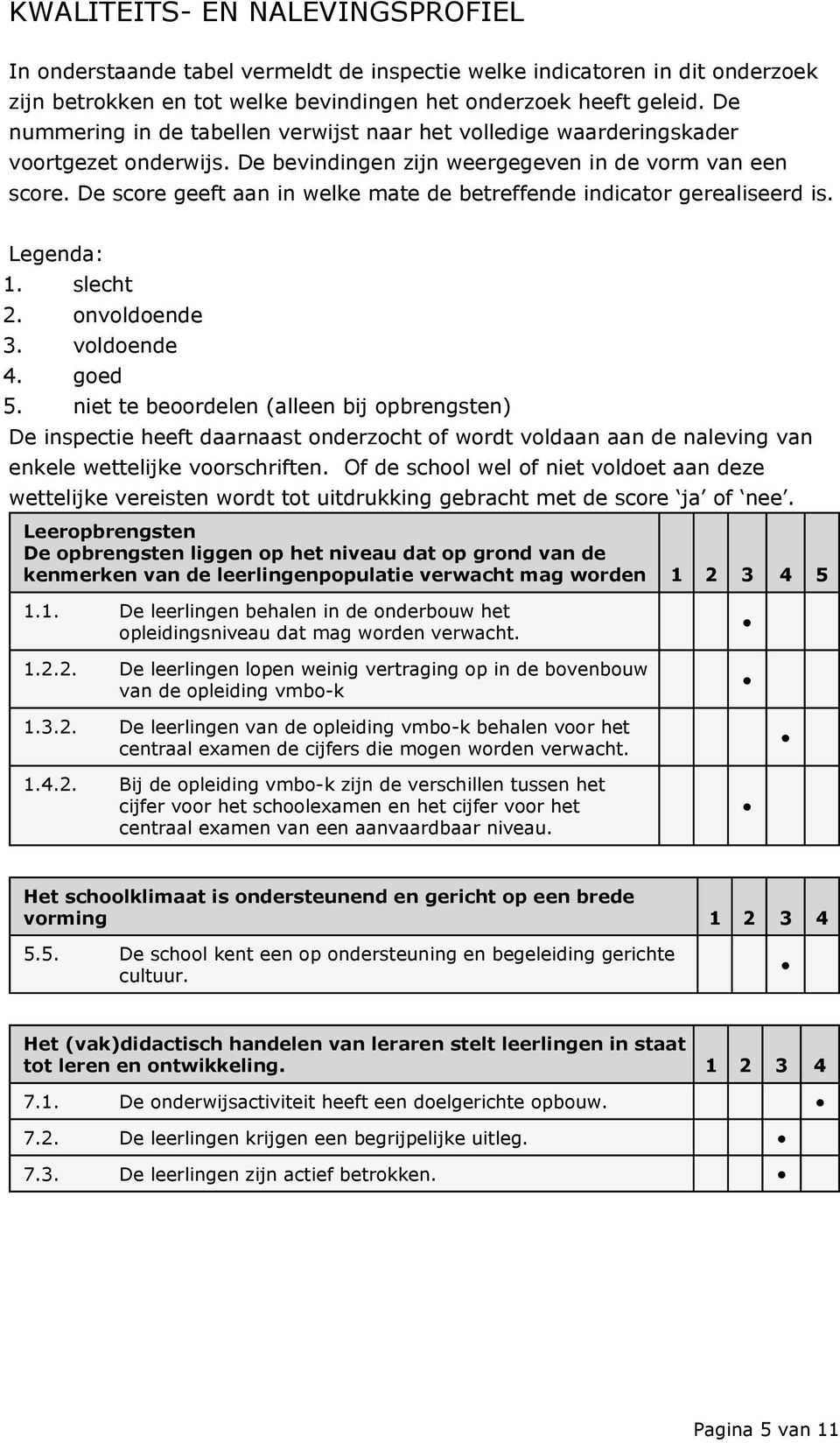 De score geeft aan in welke mate de betreffende indicator gerealiseerd is. Legenda: 1. slecht 2. onvoldoende 3. voldoende 4. goed 5.