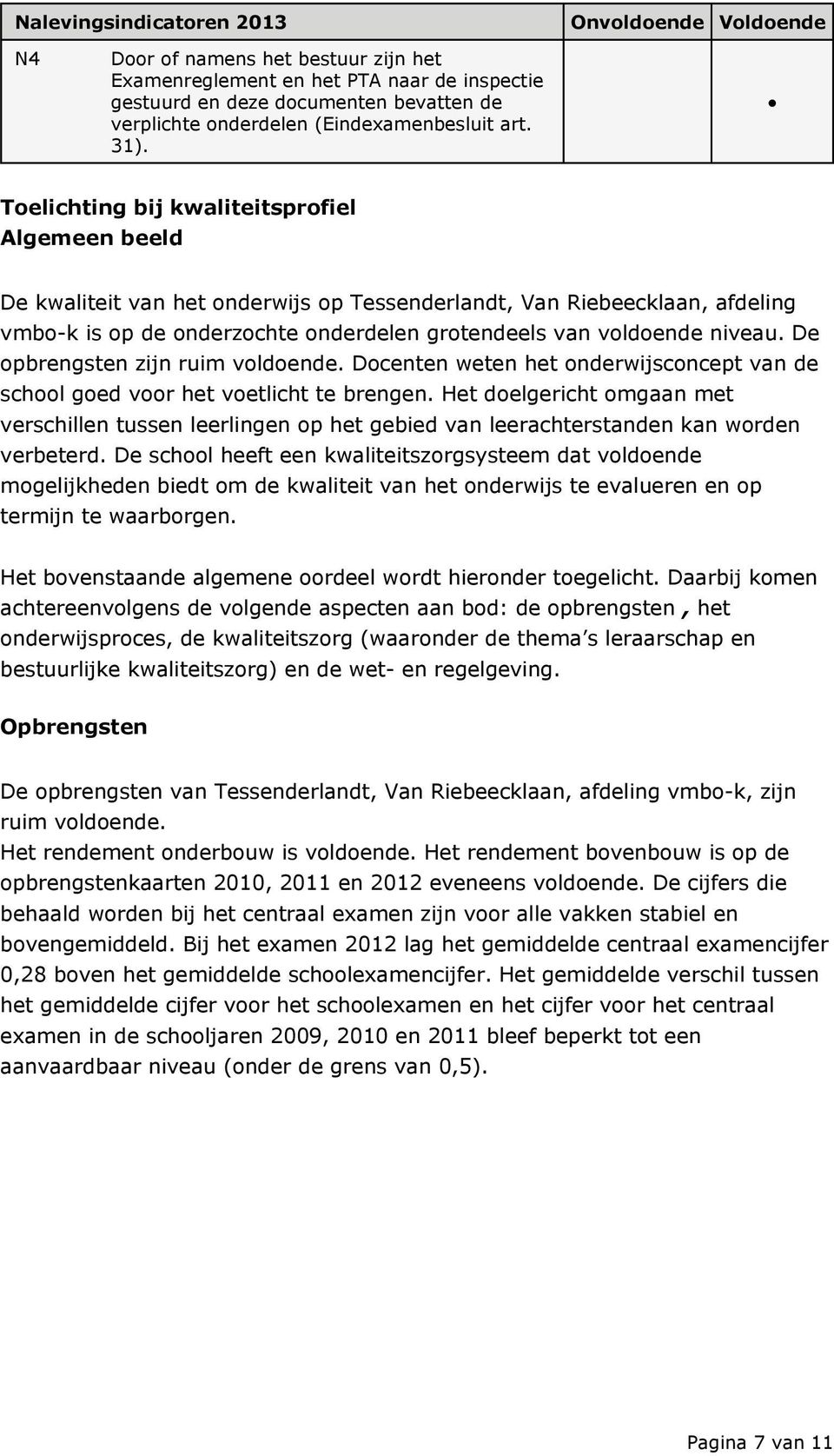 Toelichting bij kwaliteitsprofiel Algemeen beeld De kwaliteit van het onderwijs op Tessenderlandt, Van Riebeecklaan, afdeling vmbo-k is op de onderzochte onderdelen grotendeels van voldoende niveau.