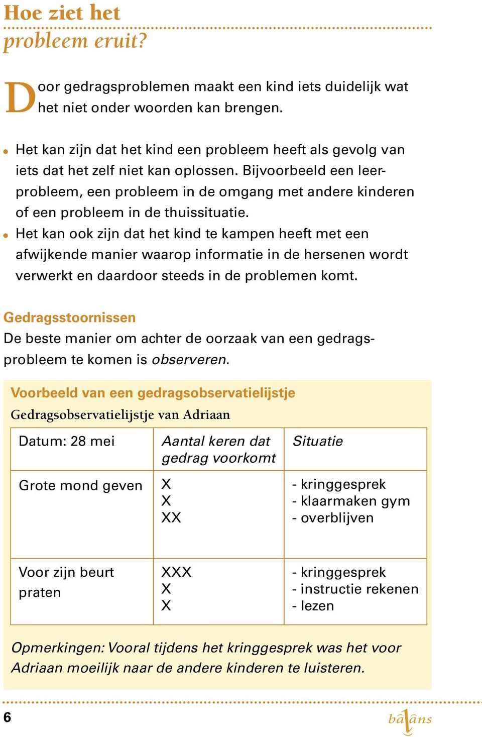 Bijvoorbeeld een leerprobleem, een probleem in de omgang met andere kinderen of een probleem in de thuissituatie.