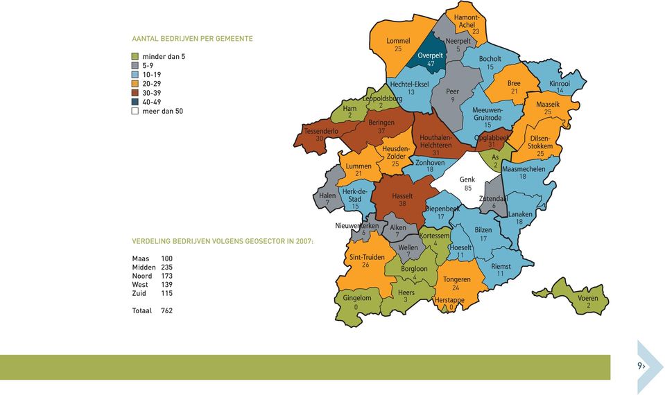 VERDELING BEDRIJVEN VOLGENS GEOSECTOR IN 2007: 7 15 6 38 7 17 4 17 6 18 Maas