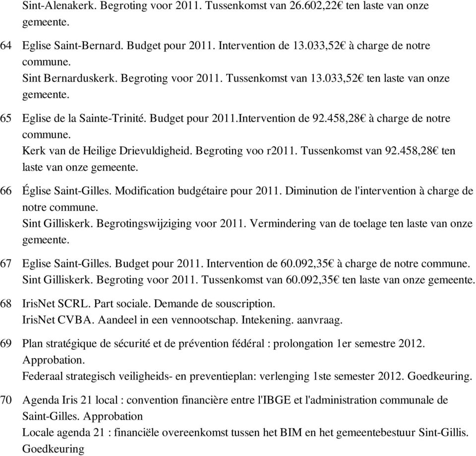 Kerk van de Heilige Drievuldigheid. Begroting voo r2011. Tussenkomst van 92.458,28 ten laste van onze gemeente. 66 Église Saint-Gilles. Modification budgétaire pour 2011.