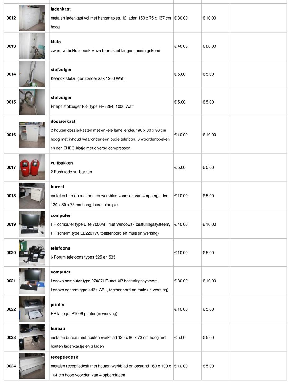 met inhoud waaronder een oude telefoon, 6 woordenboeken en een EHBO-kistje met diverse compressen 0017 vuilbakken 2 Push rode vuilbakken 0018 bureel metalen met houten werkblad voorzien van 4