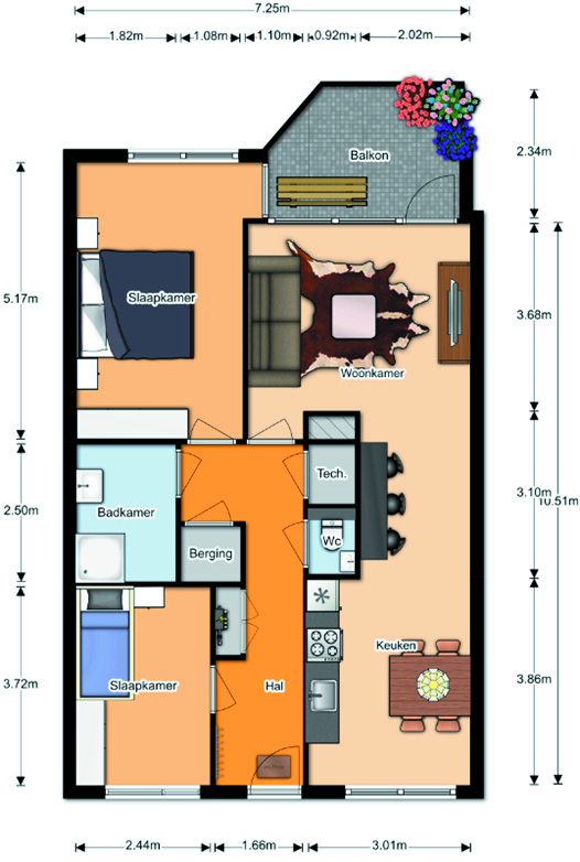 Type B9 - Driekamer appartement met twee slaapkamers 2e, 3e of 4e verdieping Entree via de galerij op de 2e, 3e of 4e verdieping. Hal met toegang tot alle vertrekken.