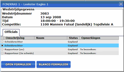 1.3.3 Raadplegen details wedstrijd(rapporteurs) In het scherm Wedstrijd info heeft de rapporteur de mogelijkheid een beoordeling van een scheidsrechter in te voeren.