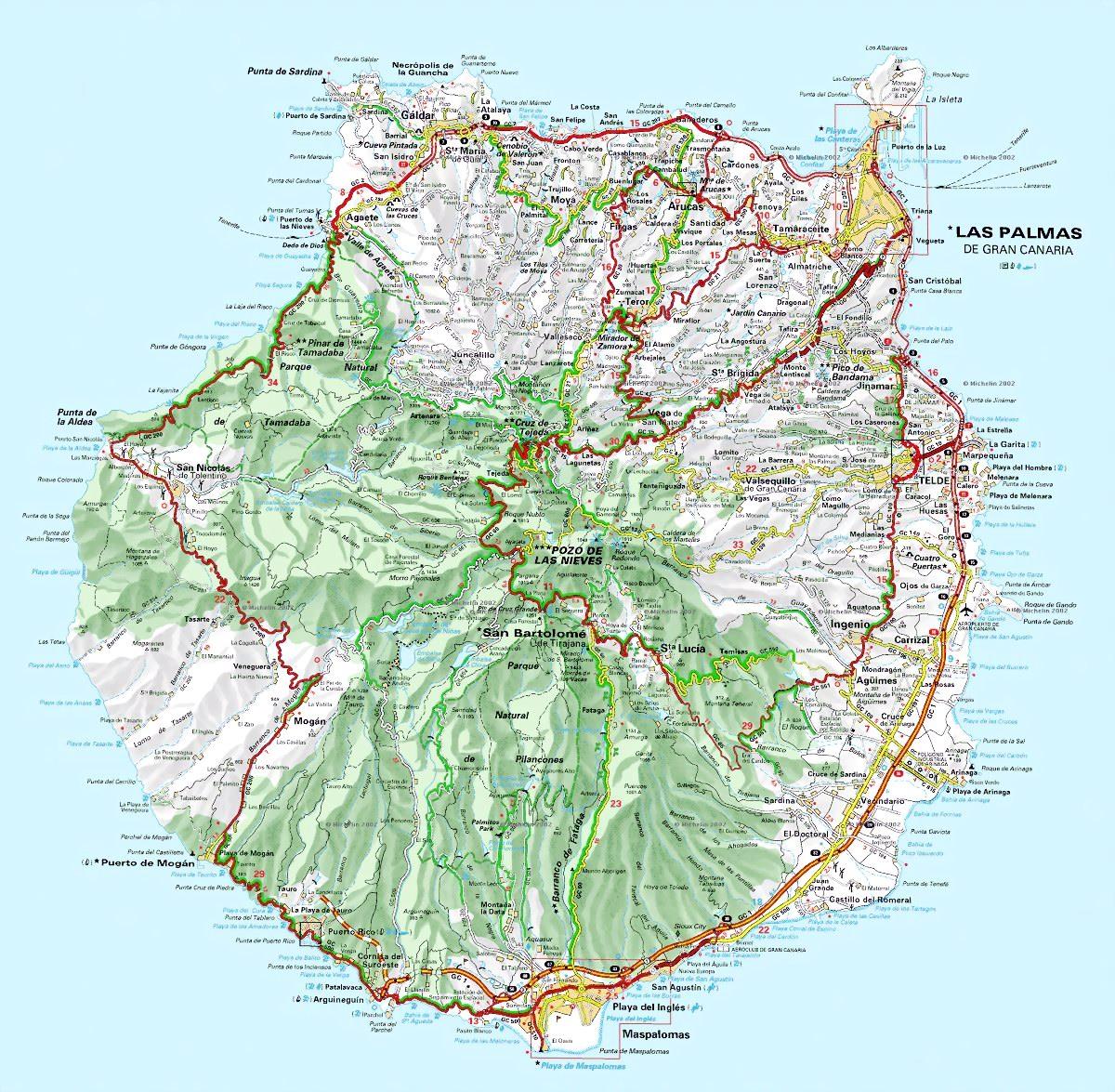 Gran Canaria is cirkelvormig, met een diameter van ong. 50 km. Het hoogste punt van het eiland, de Pico de las Nieves (1), ligt op 1.949 meter.