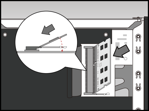 3. Schuif de nieuwe geheugenmodules diagonaal in elk slot (zoals te zien is in onderstaande