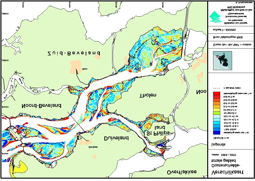 De centrale delen van de platen en slikken zijn het meest gevoelig voor erosie. De verlaging varieert hier tussen 0,2 en 1,0 m (Figuur 6.2, blauwe tinten).