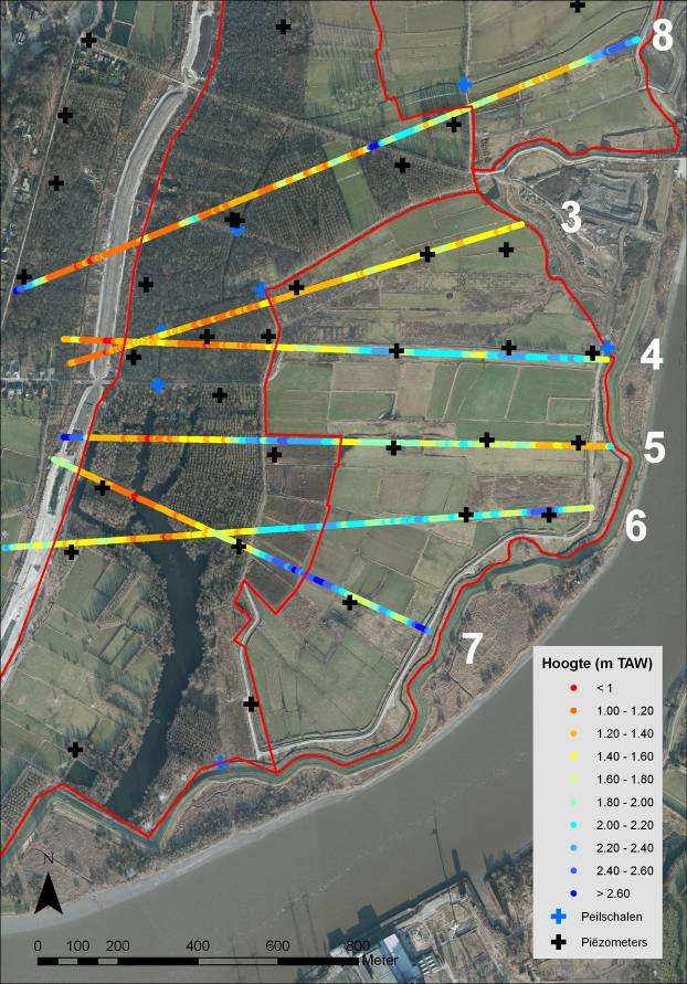 Het grondwatersysteem wordt verder in detail bekeken ter hoogte van de verschillende raaien van piëzometers.