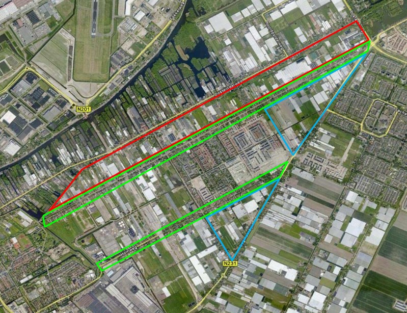 Plangebied Rood: gebied achter de Aalsmeerderweg Groen: de linten van de Hornweg en Aalsmeerderweg Blauw: