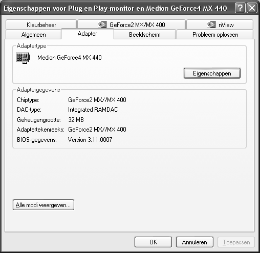 Beeldscherminstellingen onder Windows XP* Met Windows XP voert u beeldscherminstellingen door in "Eigenschappen voor Beeldscherm".