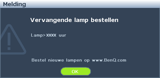 De timing van de lampvervanging Als het LAMP-waarschuwingslampje rood oplicht of wanneer er een bericht wordt weergegeven dat aangeeft dat u de lamp dient te vervangen, moet u een nieuwe lamp te