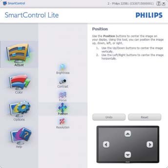 3. Beeldoptimalisatie Start met Standard (standaard) venster: Menu Adjust (Aanpassen): Met het menu Adjust (Aanpassen) wijzigt u Brightness (Helderheid), Contrast, Focus, Position