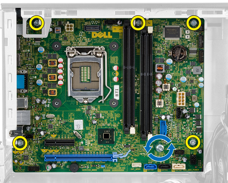 Het moederbord verwijderen 1. Volg de procedures in voordat u werkzaamheden in de computer verricht. 2. Verwijder de volgende onderdelen: a. kapje b. montagekader vooraan c. optisch station d.