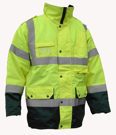 Ambulanciersjassen Parka Medica Fluo-rood ambulancierjas met plastic striping.