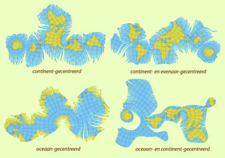 Het resultaat van deze methode (fig. 5) is een projectie waarbij de continenten ongewoon gerangschikt zijn, net als bij de Dymaxion Maps van Buckminster Fuller.