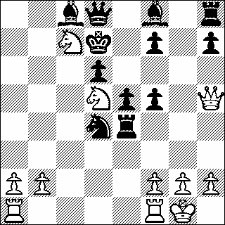 15. Pbc7+ Kd7 16. Dh5 Pd4 Diagram. Er dreigt mat op f5 dus dekken met het paard. 16... Pe7 gaat niet nl. 17. Tac1 Pxd5 18. Df5+ Ke7 19. Pd5+ Ke8 20. Txc8 Na 16.