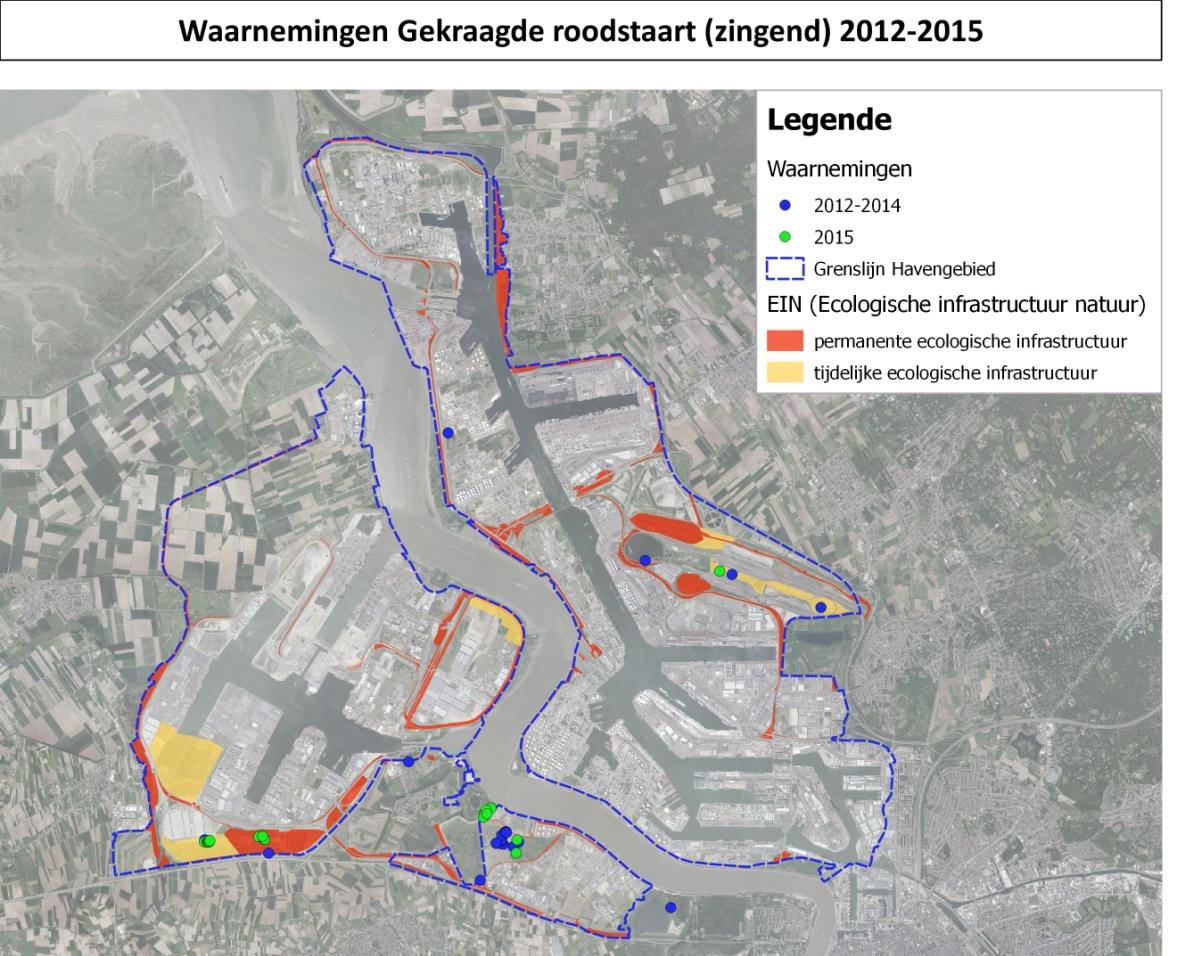 Figuur 58: Voorkomen van roepende Zomertortels in 2015 t.o.v. de periode 2012-2014 op basis van www.waarnemingen.be.