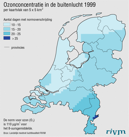 Figuur 4 Aantal dagen dat de normen voor ozon worden overschreden Bron RIVM, 2002 Ozonvervuiling en het gat in de ozonlaag Hoewel ozon een element is van zomersmog, heeft zomersmog niets te maken met