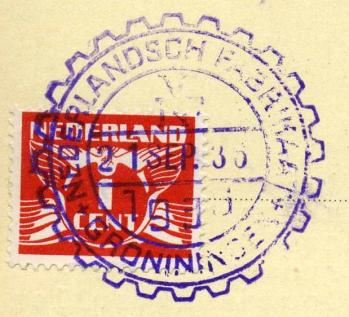 uit Amsterdam en Nijmegen bekenden stempel in kamradvorm, gebezigd op de van 18-26 September 1936 gehouden tentoonstelling van Nederlandsch Fabrikaat.