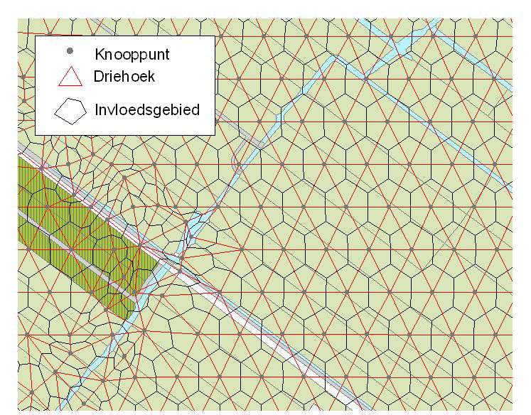 worden via het invloedsgebiedje aan een knooppunt toegerekend, terwijl omgekeerd de uitkomsten voor een knooppunt voor het hele gebiedje gelden. In figuur 3-2 staat een voorbeeld van de elementen cq.