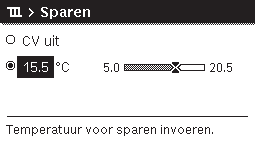 5 Bediening van het hoofdmenu Bediening Resultaat Gewenste kamertemperatuur voor cv-bedrijf en verlaagd regime/verlagingsdrempel in automatisch bedrijf instellen Menutoets indrukken om het hoofdmenu