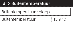 6 Informatie betreffende de installatie oproepen Wanneer de standaardweergave actief is, info-toets indrukken om het info-menu te Keuzeknop draaien om Buitentemperatuur te markeren en keuzeknop