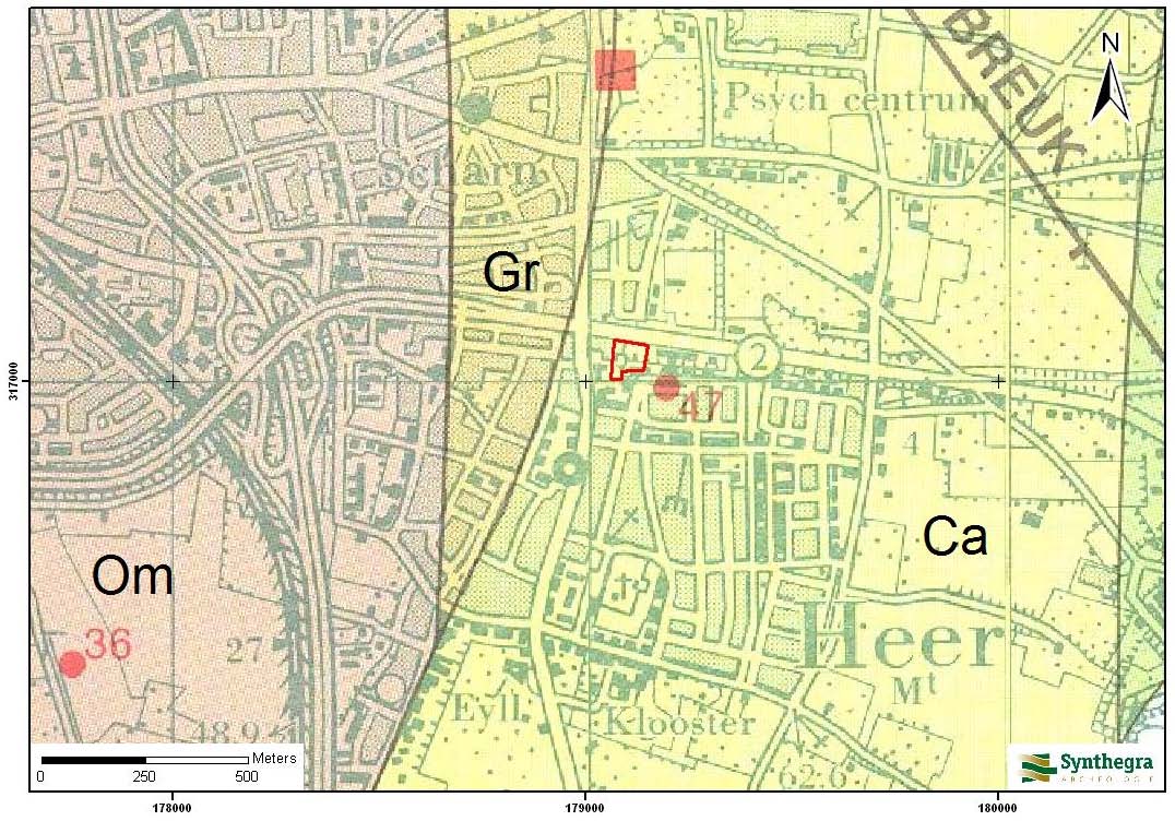 Legenda Om : Terras van Oost-Maarland Gr : Terras van Gronsveld Ca : Terras van Caberg Afbeelding 2.1: Ligging van het plangebied op de Geologische kaart van Zuid-Limburg en omgeving 1:50.