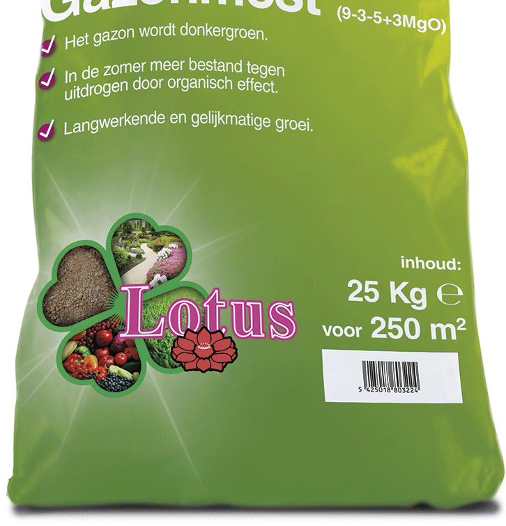 322 LOTUS GAZONMEST 9-3-5+3MgO GAZONMESTSTOF MET EXTRA M AGNESIUM Product kenmerk Samengestelde organische minerale NPK meststof bevattende magnesium.