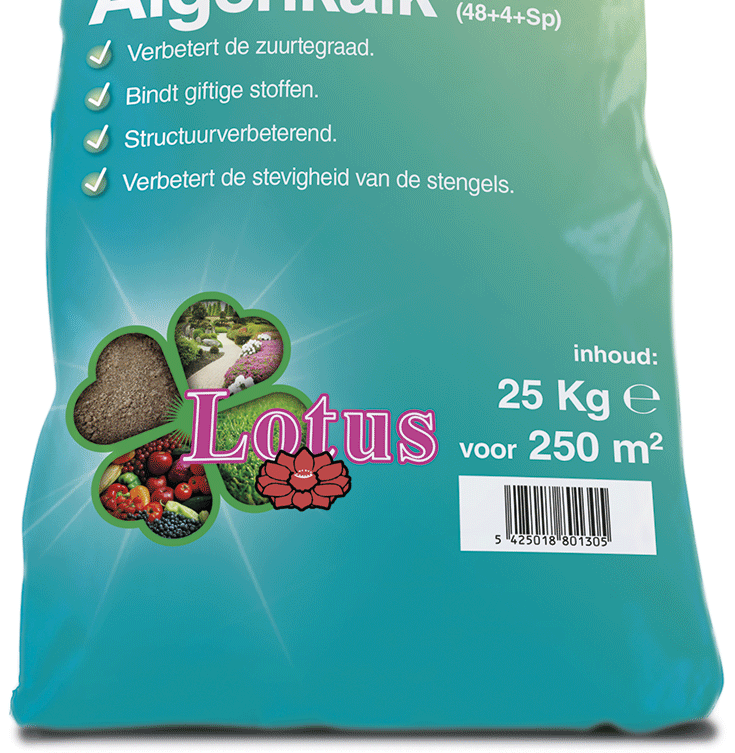 130 LOTUSALGENKALK 48+4+Sp BIO LOTUSK ALKMESTSTOF Product kenmerk Uiterlijk: korrel, diameter 2-3 mm Droge stofgehalte: 92 % Verpakking: 25 kg plastic zak Werkzaam: bij temperaturen boven 12 C