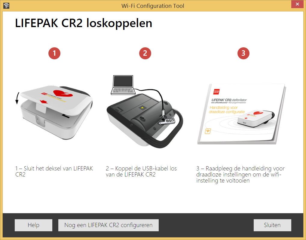 Verbinden met Wi-Fi 7. Voer alle instructies uit en klik op VOLGENDE tot dit scherm wordt weergegeven. Als u nog een AED moet instellen, klikt u op EEN ANDERE LIFEPAK CR2 CONFIGUREREN.