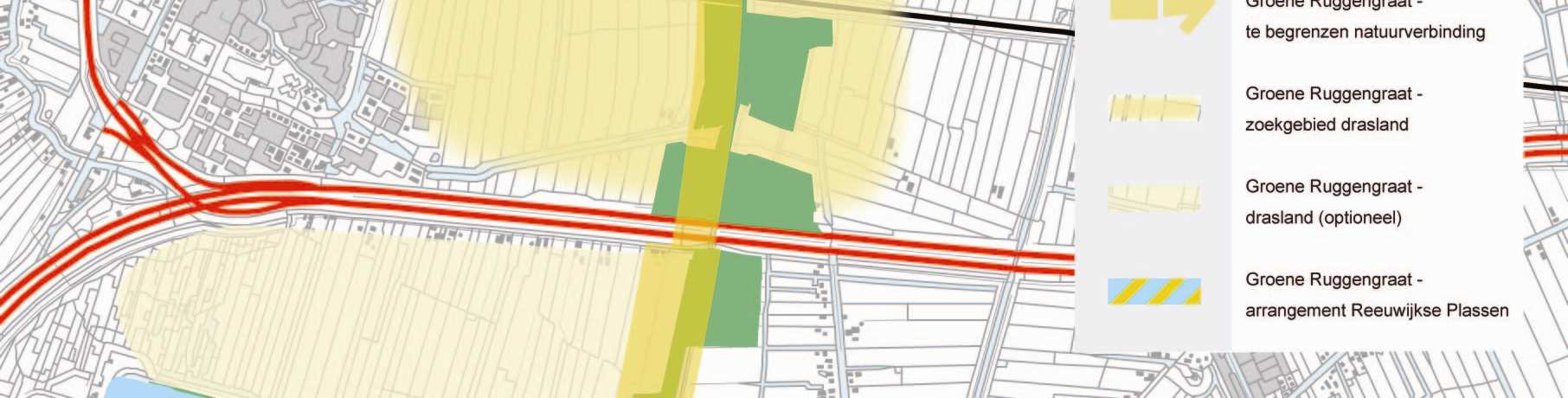 EHS Tracé Groene Ruggengraat Het begrensde EHS-gebied in Bodegraven Noord is 375 ha. groot (exclusief het Utrechtse deel) en ligt precies in het veengebied achter de stroomruggen van de Oude Rijn.