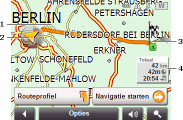 De kaart gaat open in de modus Preview. U ziet de hele route. 1 De route is oranje gemarkeerd. 2 Een oranje driehoek geeft de actuele positie weer.