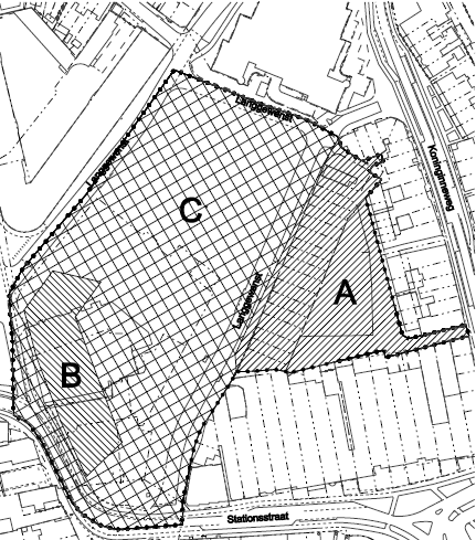 3. Plangebied Zie onderstaande tekening met plangrenzen. A: locatie Paardenplein (mogelijke ontwikkeling bioscoop of supermarkt, GDV en bioscoop).