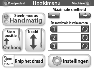 Rijgsteekmodus In de rijgsteekmodus (baste modus) naait de machine op tijdbasis. Rijgsteeksnelheid / rijgsteekmodus Het scherm laat de geselecteerde voorinstelwaarde van de rijgsteek zien.