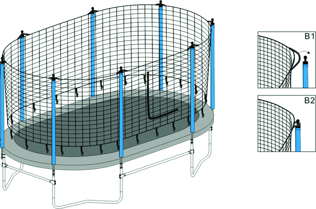 STAP 3: Spreid het net uit op de mat van de trampoline (zie afbeelding 5).