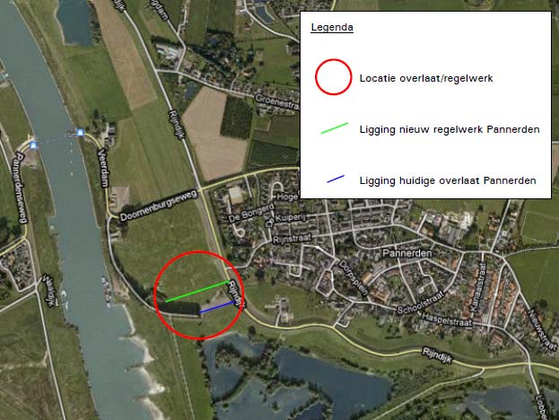 Locatie planontwikkeling Het nieuwe regelwerk wordt circa 30 meter stroomafwaarts van de huidige overlaat gerealiseerd, tussen de primaire waterkering en zomerkade. Figuur 2.