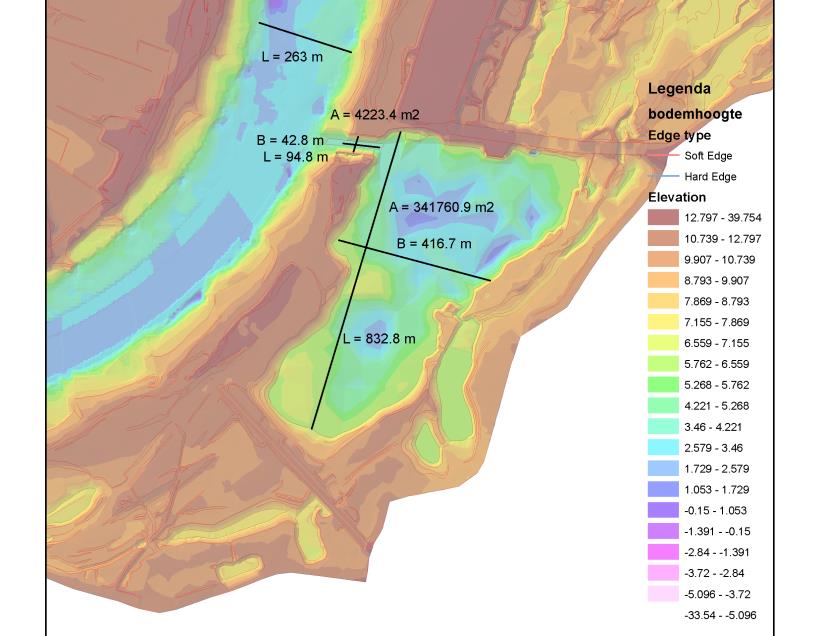 Figuur 20 toont de dimensies van de plas en invaaropening bij Kekerdom. De plas heeft een oppervlakte van ongeveer 340.000 m 2 en een bodemhoogte op ongeveer NAP +4,5 m.