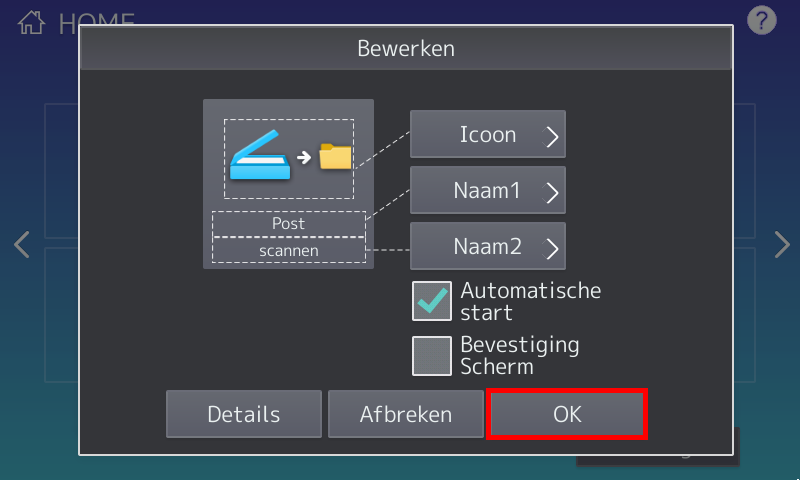 Ga naar een scherm met een lege toets (of verwijder een niet gebruikte toets met het kruisje). Druk op een vrije toets Druk op Registreer vanuit log. Druk op de laatste scan opdracht.