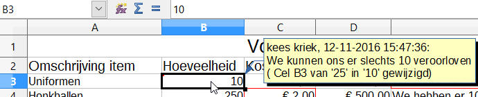 Tip Selecteer Extra > Opties > LibreOffice Calc > Wijzigingen om de kleur te veranderen die de wijzigingen aangeeft.