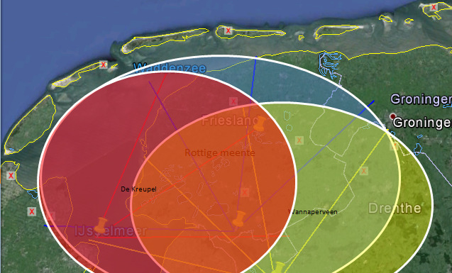 Figuur 21.2 Mogelijk globale jachtterreinen in Friesland van drie aalscholverkolonies. Rood= Kolonie De Kreupel, Blauw= Kolonie Rottige Meente, Geel= Kolonie Wanneperveen.