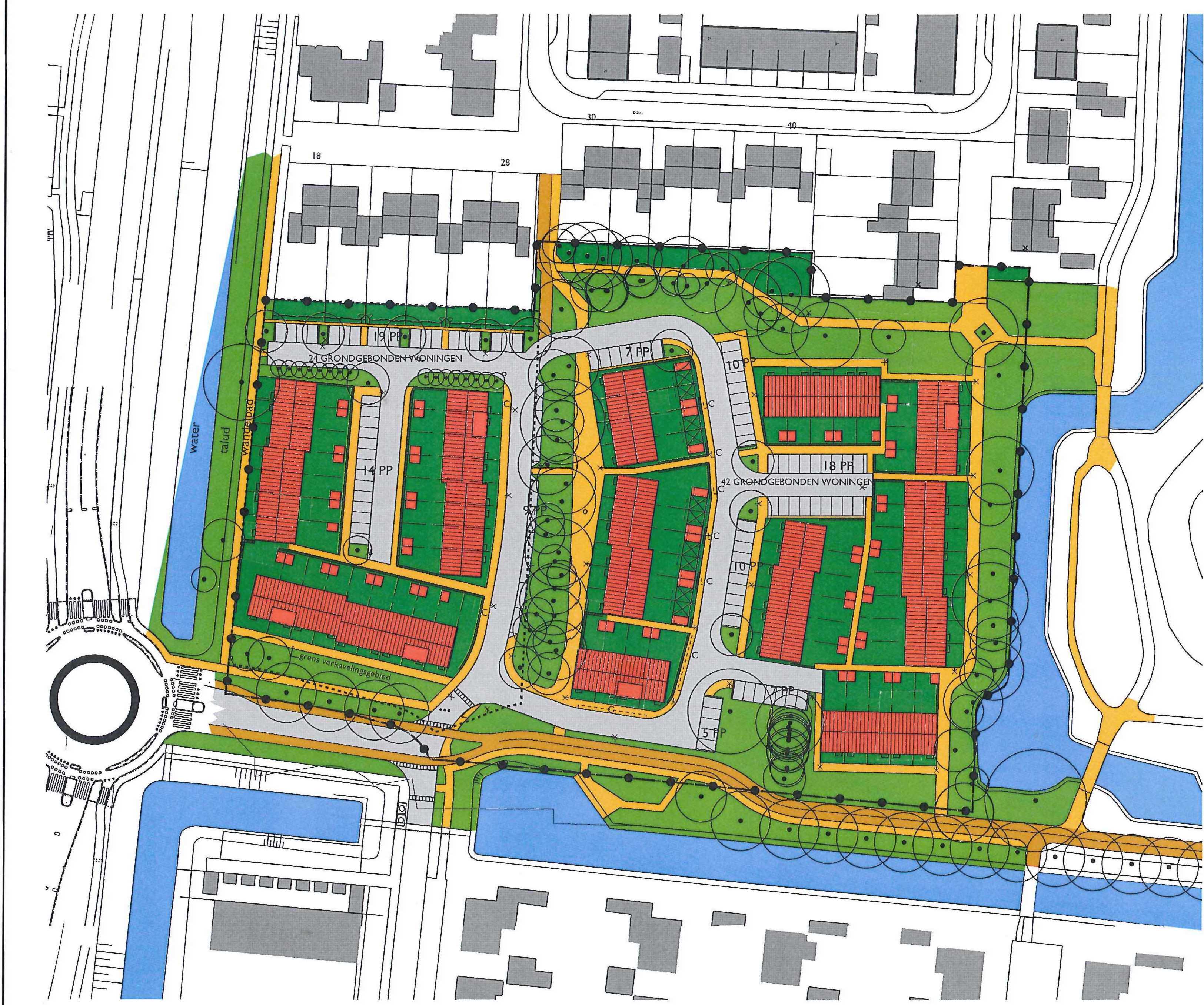 LEGENDA Grondgebonden woningen (huurwoningen) Carport (10 stuks) n i Berging O na 3PR0NDG B0ND1 Tuin (privégrond) Openbaar groen Boom Water Rijbaan Voetpad en overige verharding NINGEN Bestaand pad