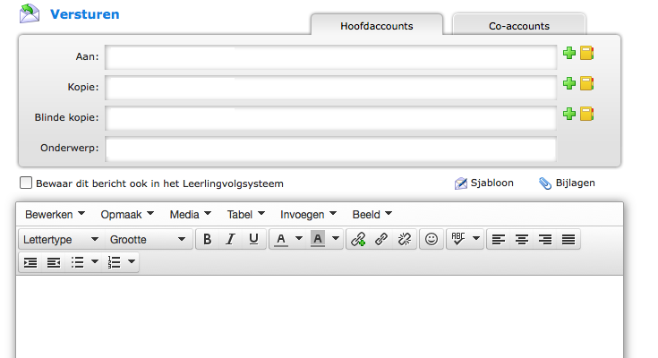 Klik op berichten Klik op NIEUW BERICHT Kies voor welk soort account het bericht bestemd is: HOOFDACCOUNT (leerling of personeel) of CO- ACCOUNT
