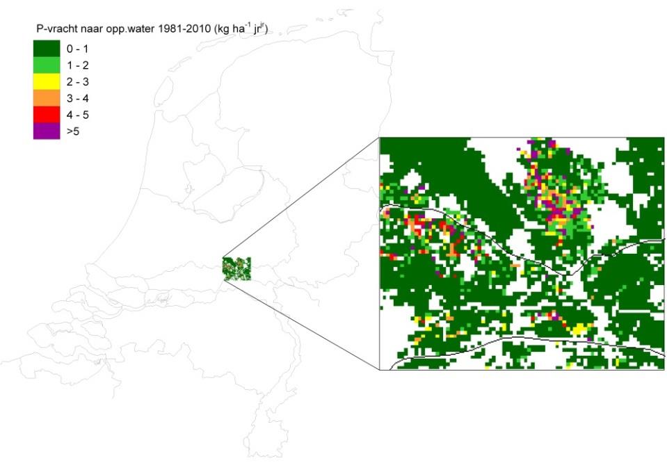 Figuur 2.4 De berekende P-vracht uit de bodem naar het oppervlaktewater, gemiddeld over de periode 1981-2010.