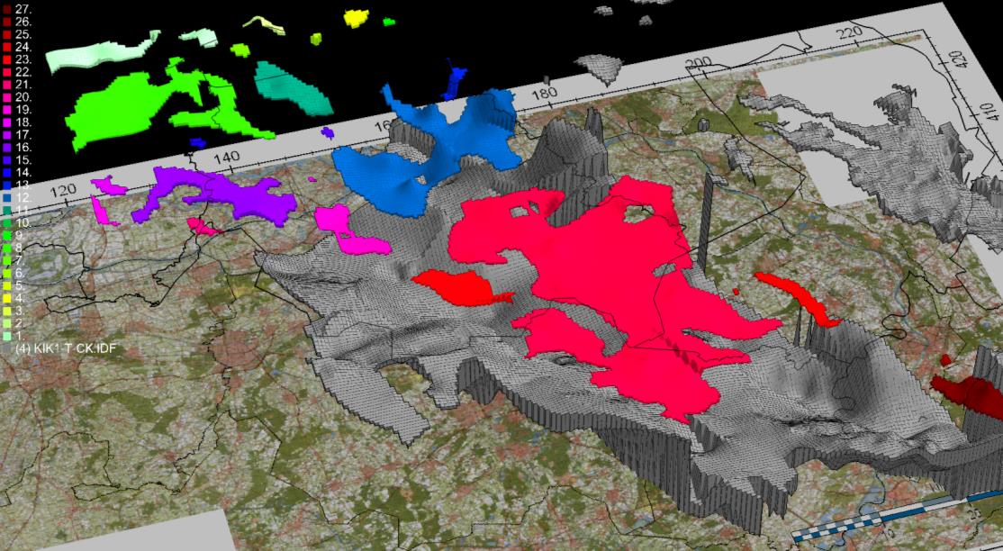 Figuur 3.3 3D weergave in imod van de verschillende klei-elementen in de kleilaag van de Sterksel Formatie met daarbij de ligging van de eerste kleilaag in de Kiezeloöliet Formatie, (bron: REGIS v2.