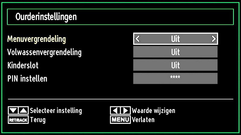 Nadat het correcte PIN-nummer wordt ingevoerd, verschijnt het ouderlijke instellingen menu: Bediening van het menu Ouderlijk toezicht Selecteer een optie met de of toets.