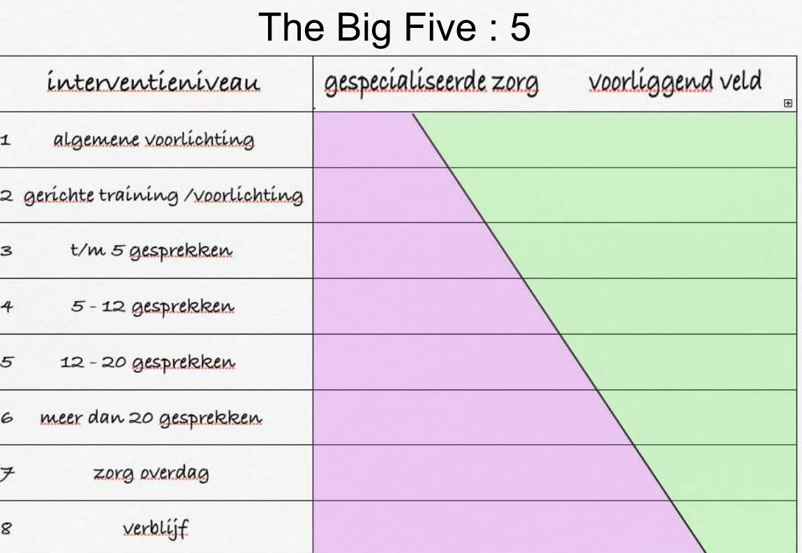 De interventieniveaus vragen op enkele onderdelen toelichting op de uitgangspunten: - Voor de zorg op het terrein van Licht Verstandelijk Beperkten (LVB) en Verstandelijk Beperkten (VB) wordt vanaf