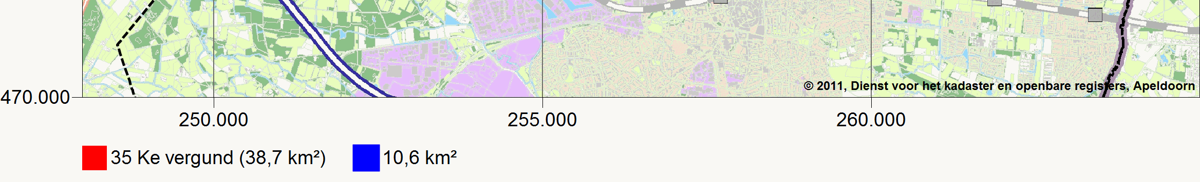 Geluidscontour De 56 Lden geluiscontour voor het commerciele verkeer (2,4 miljoen passagiers) is 10,6 km 2.