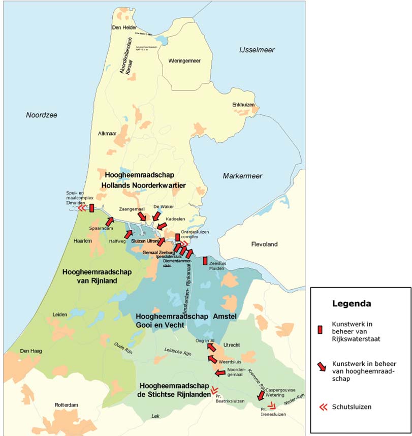 Figuur 2 Illustratie van het watersysteem van het NZK/ARK met het Complex IJmuiden en de belangrijkste kunstwerken langs het NZK/ARK. water af onder vrij verval.